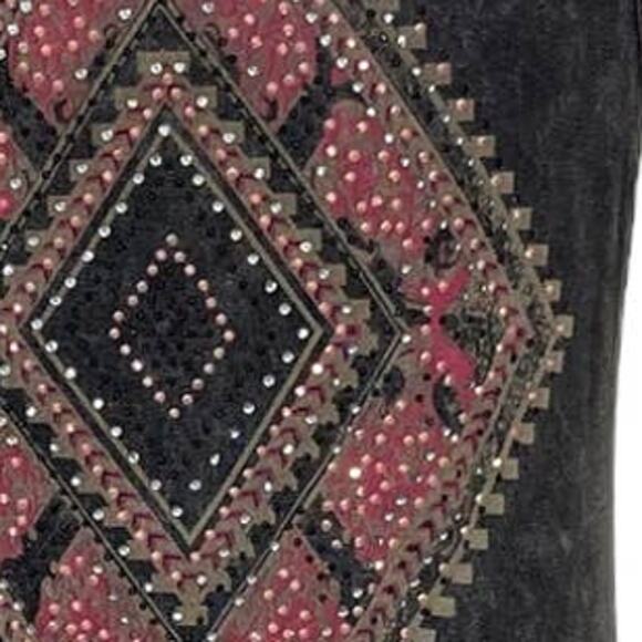 Vocal fringe rhinestone tank dress, size small acid wash aztec graphic boho midi - Picture 2 of 8